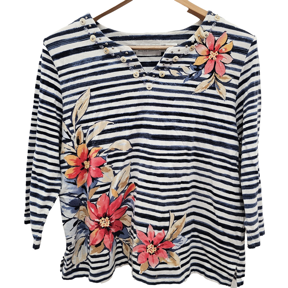 Alfred Dunner Womens Top M Floral Studded Resort Tropical Fisherman Coastal